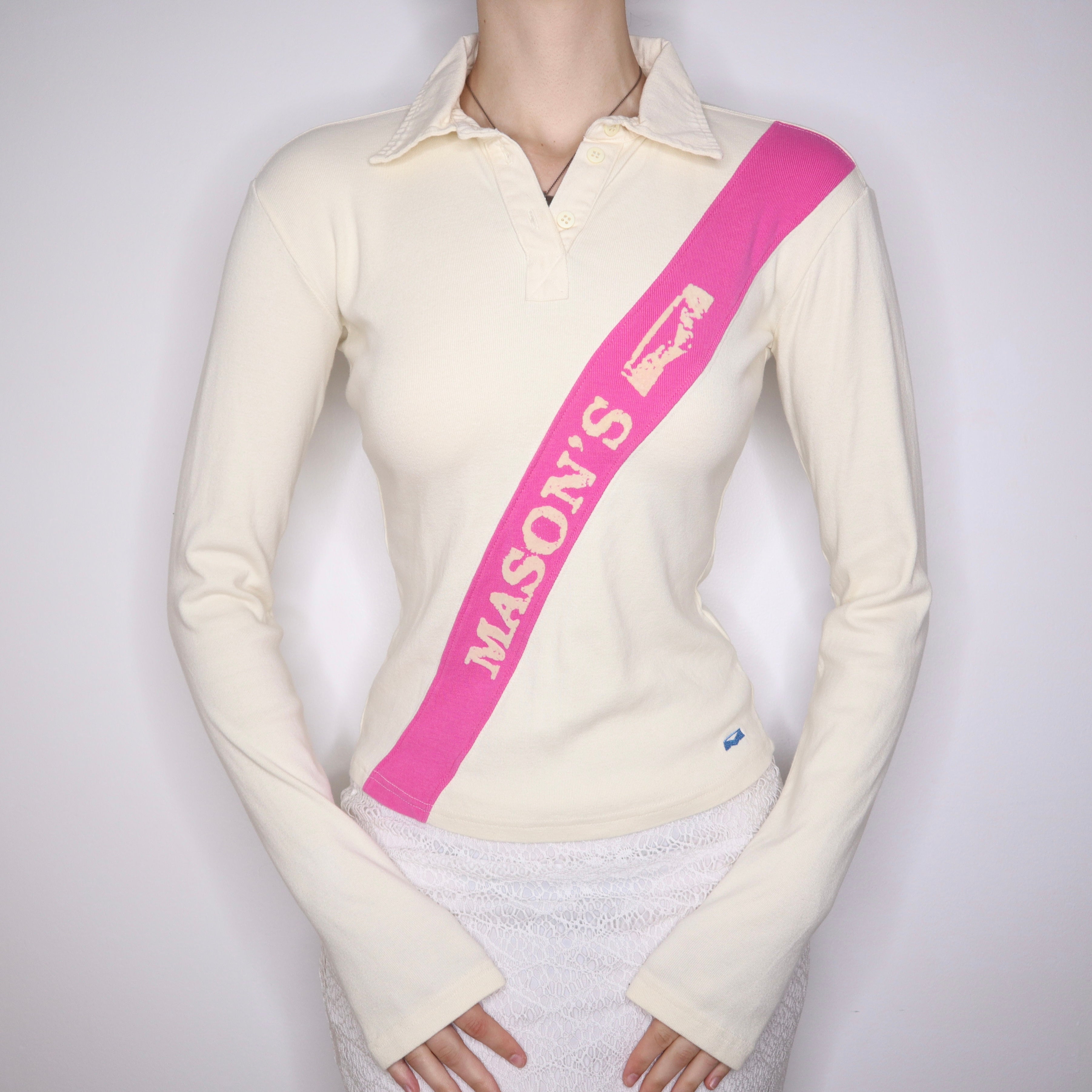 Y2K Italian Sporty Cream Long Sleeve Polo (S/M)