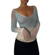 Italian vintage pale blue and ivory sequin embellished mesh long sleeve top