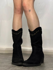 Vintage Stud Grunge Black Suede feel Cowboy Boots (US 8)