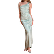 90s Pastel Mint Floral Satin Maxi Dress (M)
