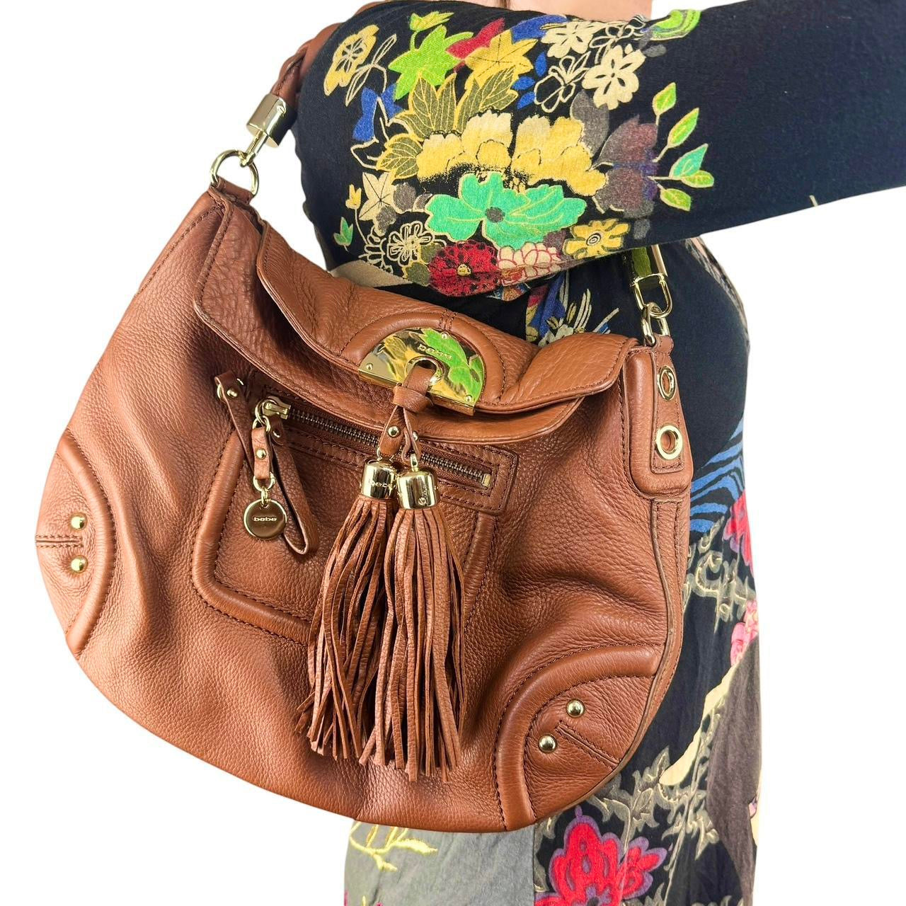 Bebe Brown Leather Boho Bag