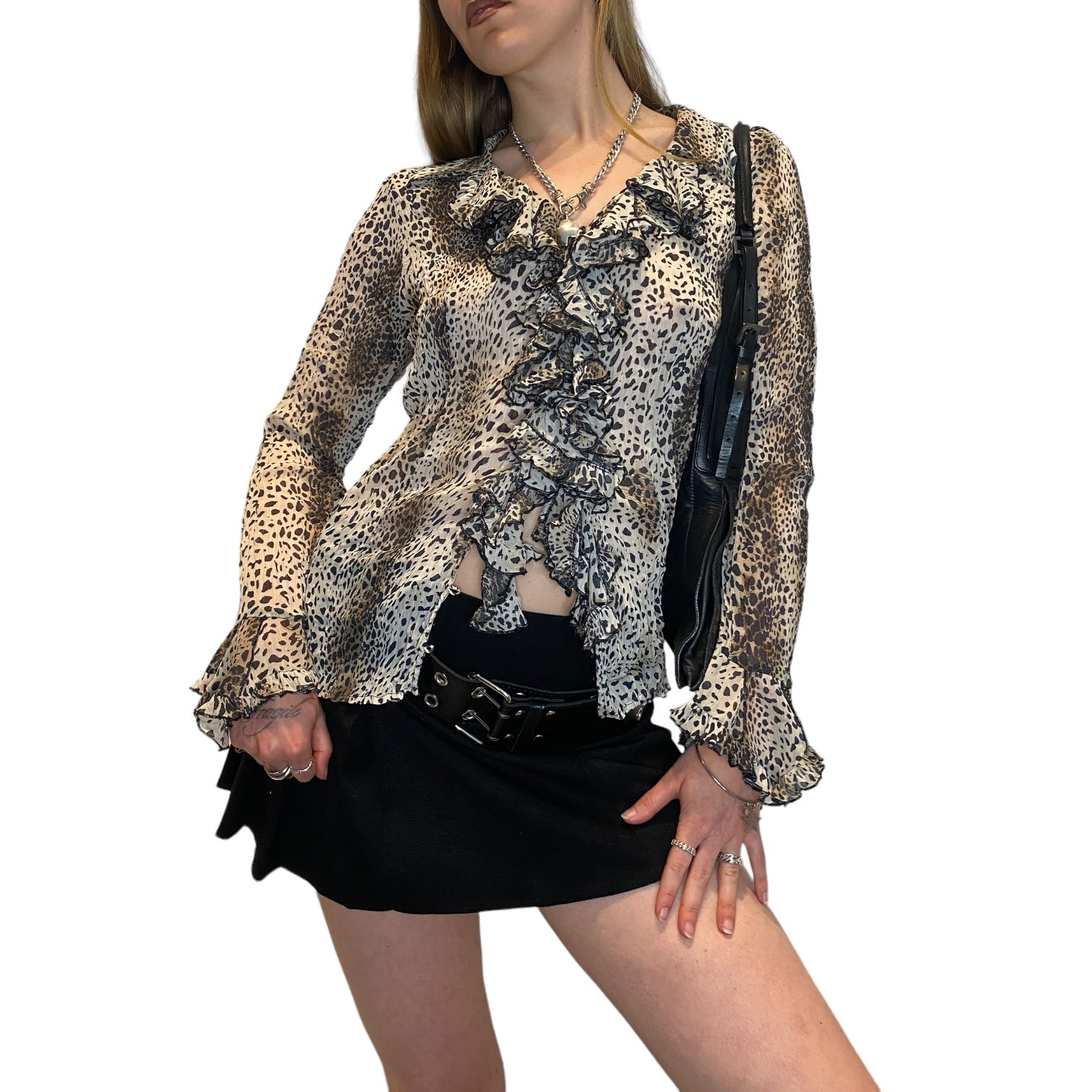 Vintage Leopard Print Sheer Ruffle Blouse (M)