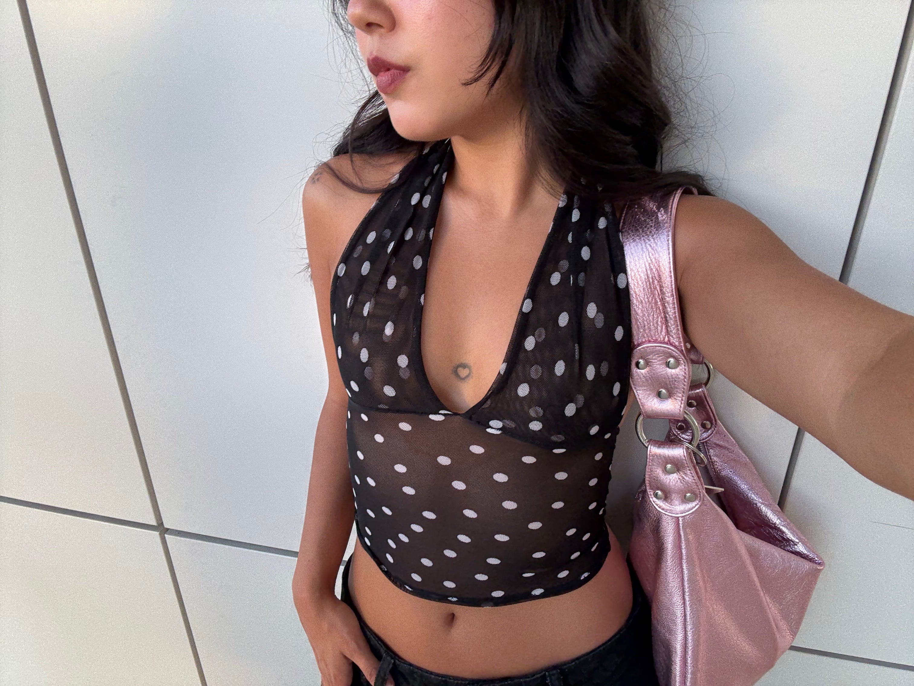 Polka Dot Mesh V-Neck Halter (XS-XL)