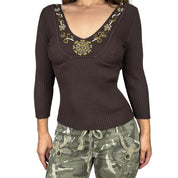 2000s Embellished Neckline 3/4 Sleeve Knit (S)