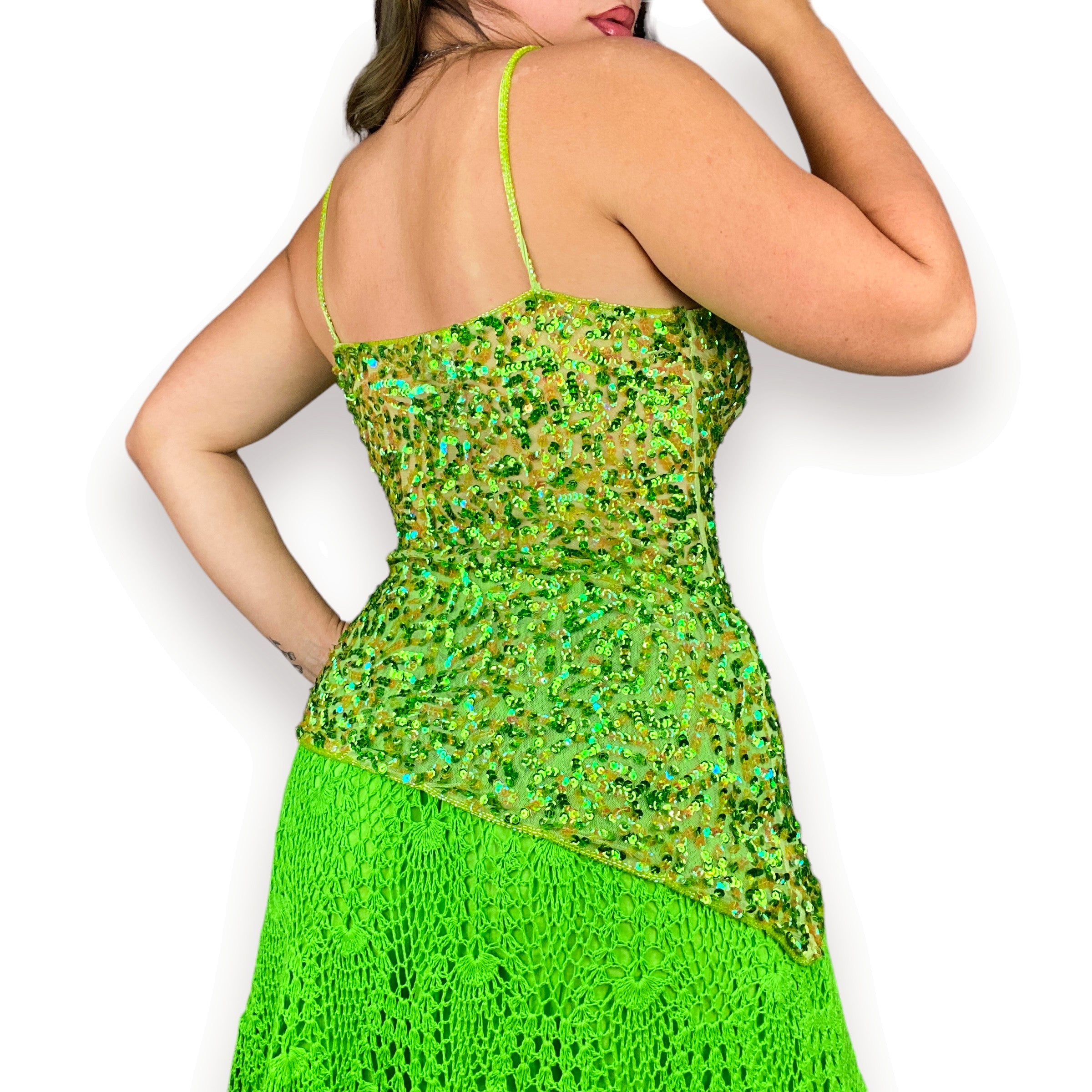 Y2K Lime Beaded Mesh Tank Top (S)