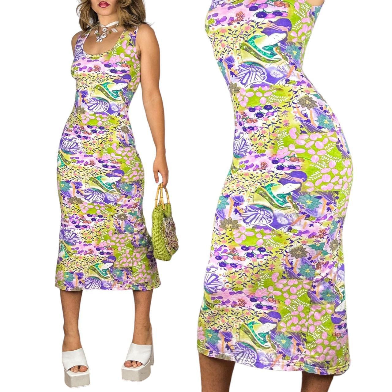 90s Geisha Print Floral Midi Dress (S)