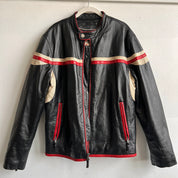 90s black leather stripe moto jacket - L/XL
