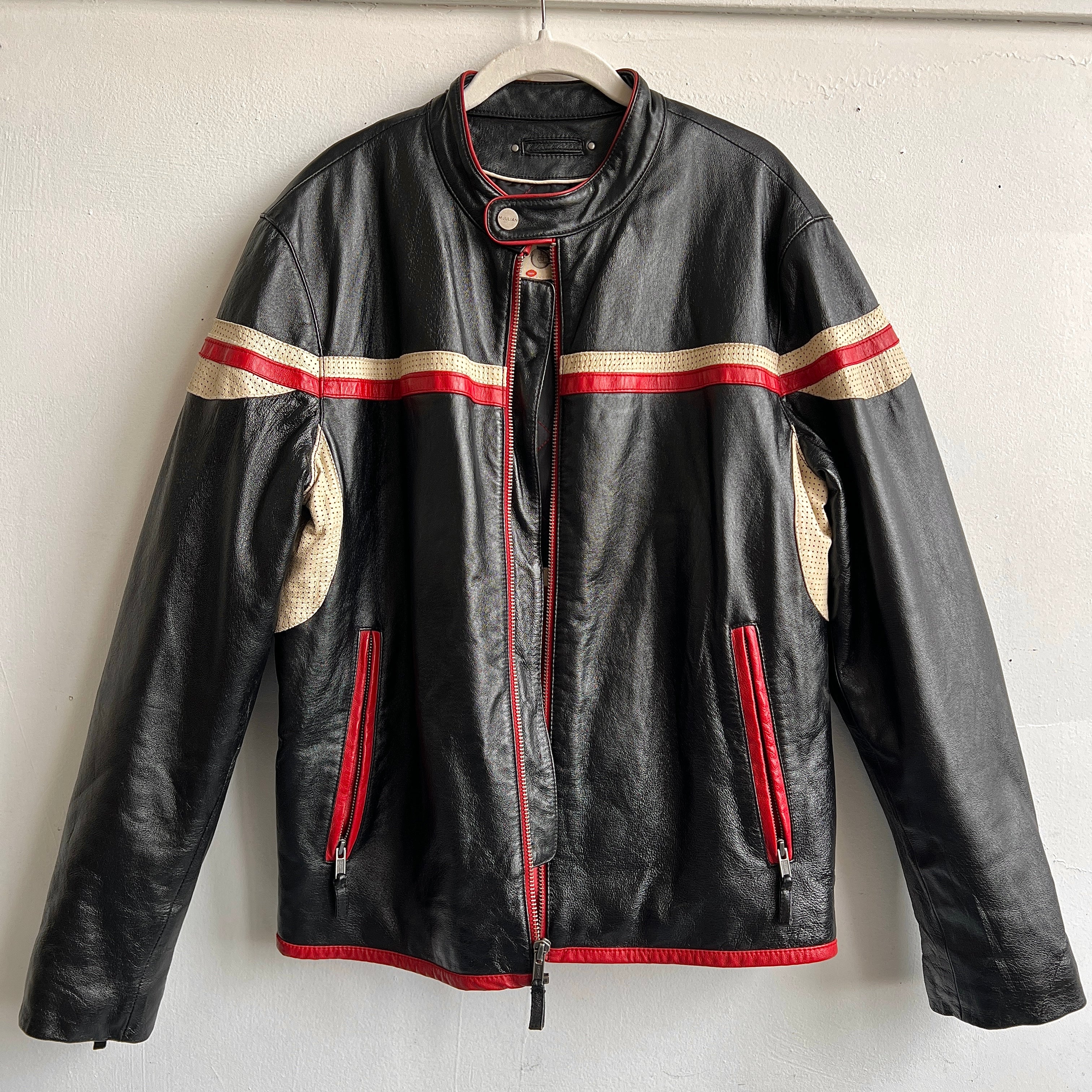 90s black leather stripe moto jacket - L/XL