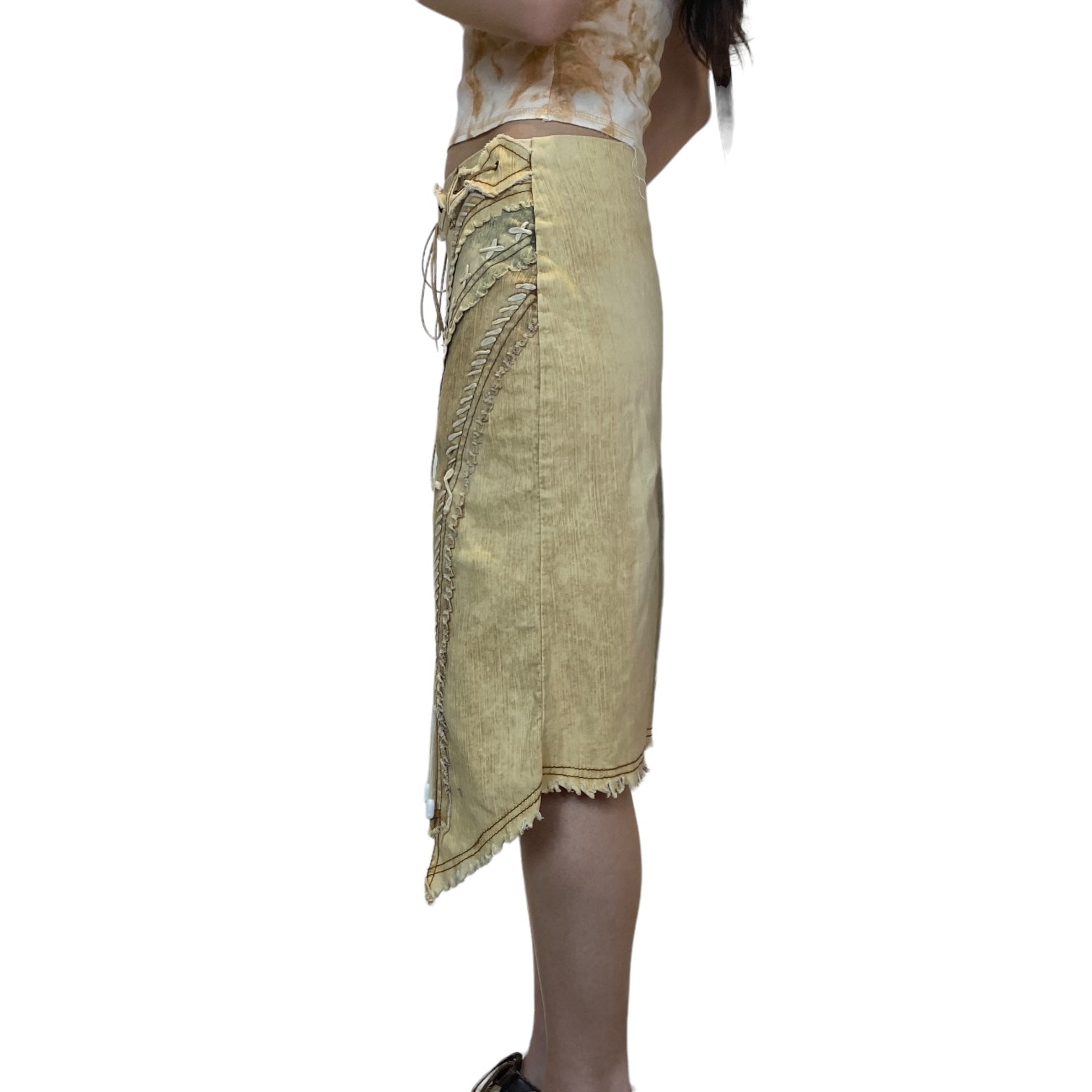 Y2K Boho Midi Skirt with Lace Up Detail (S)