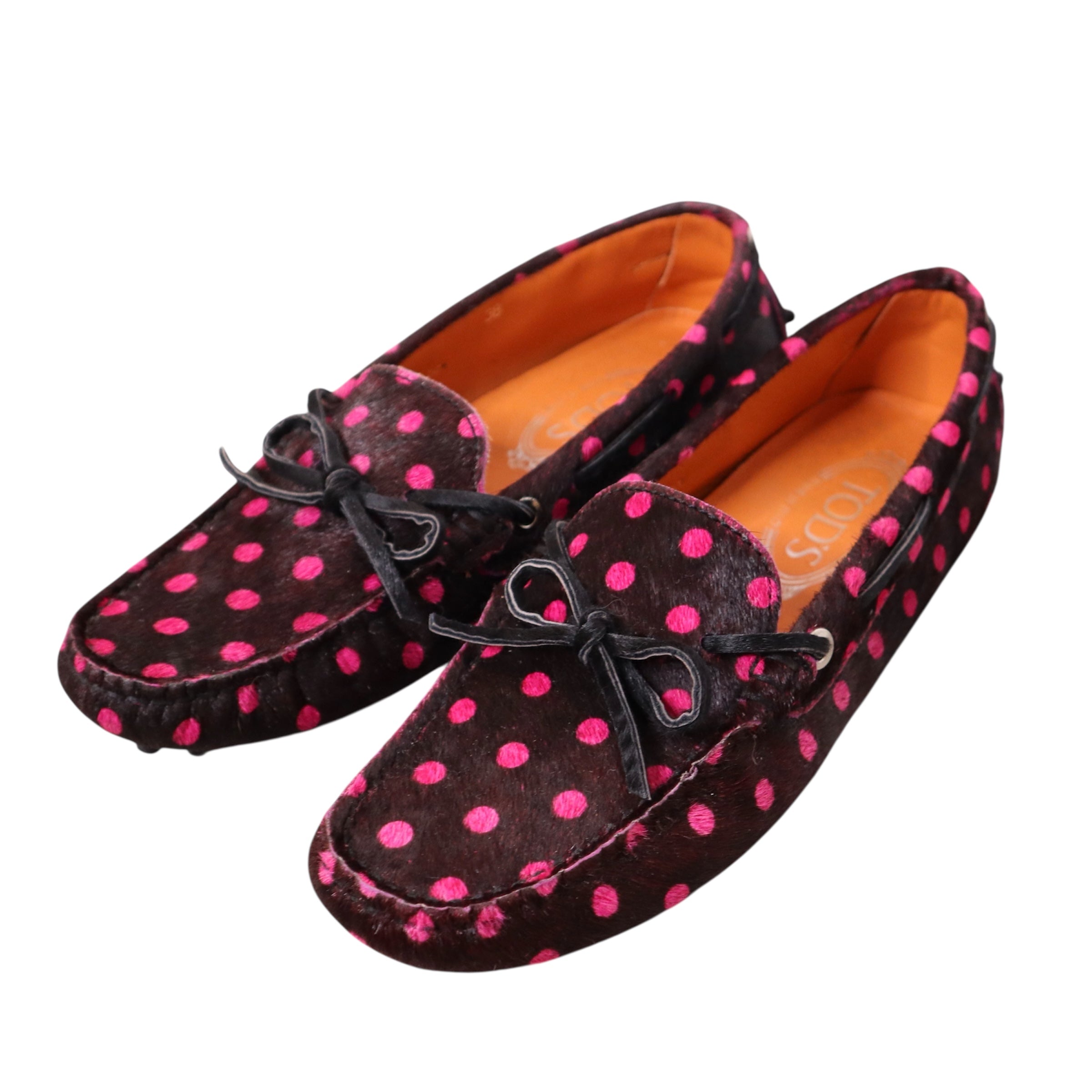 Y2K Italian Pink Polka Dot Pony Hair Loafers (7.5)