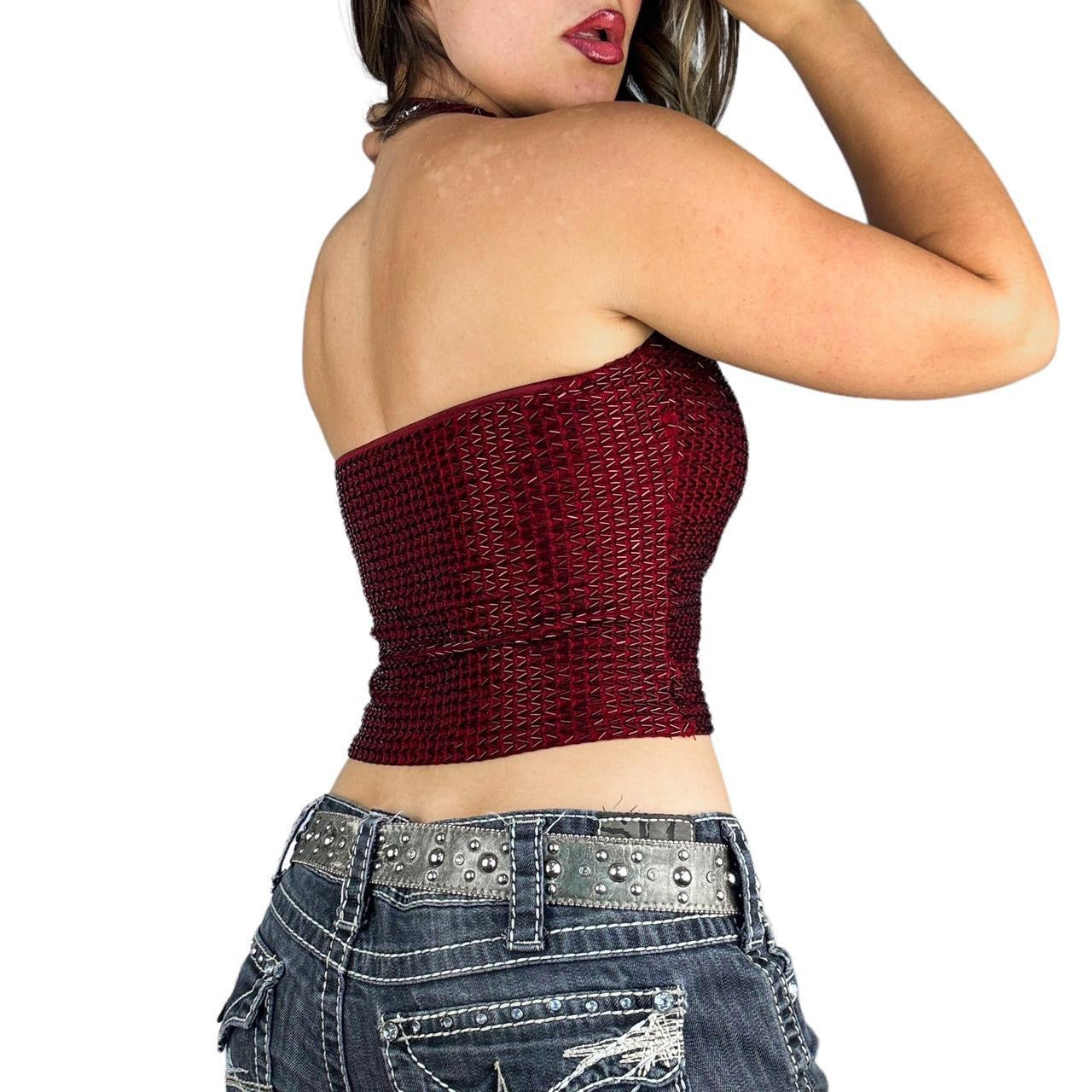 Caché Burgundy Beaded Halter Top (S)
