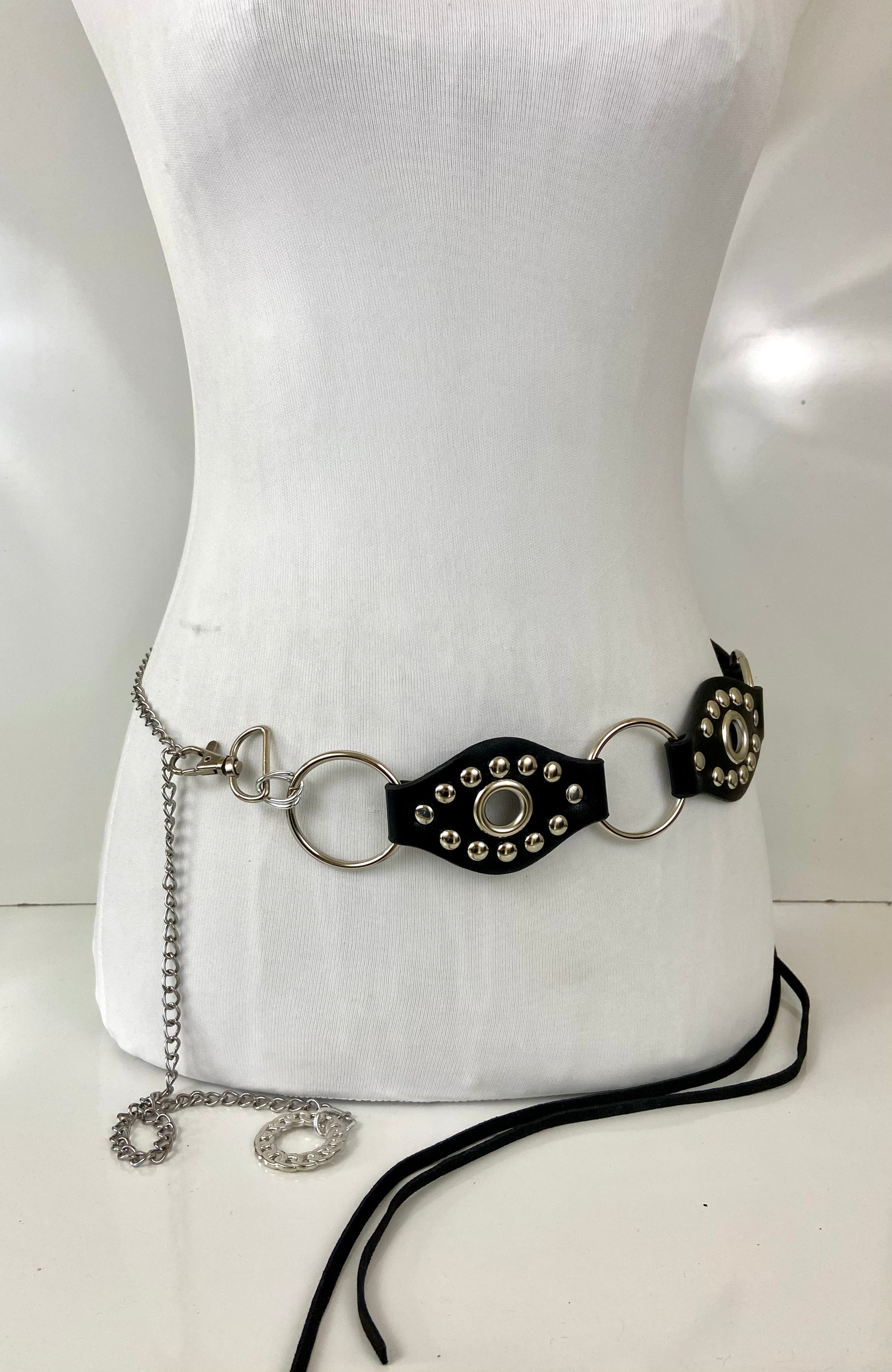 Leather black and silver belt