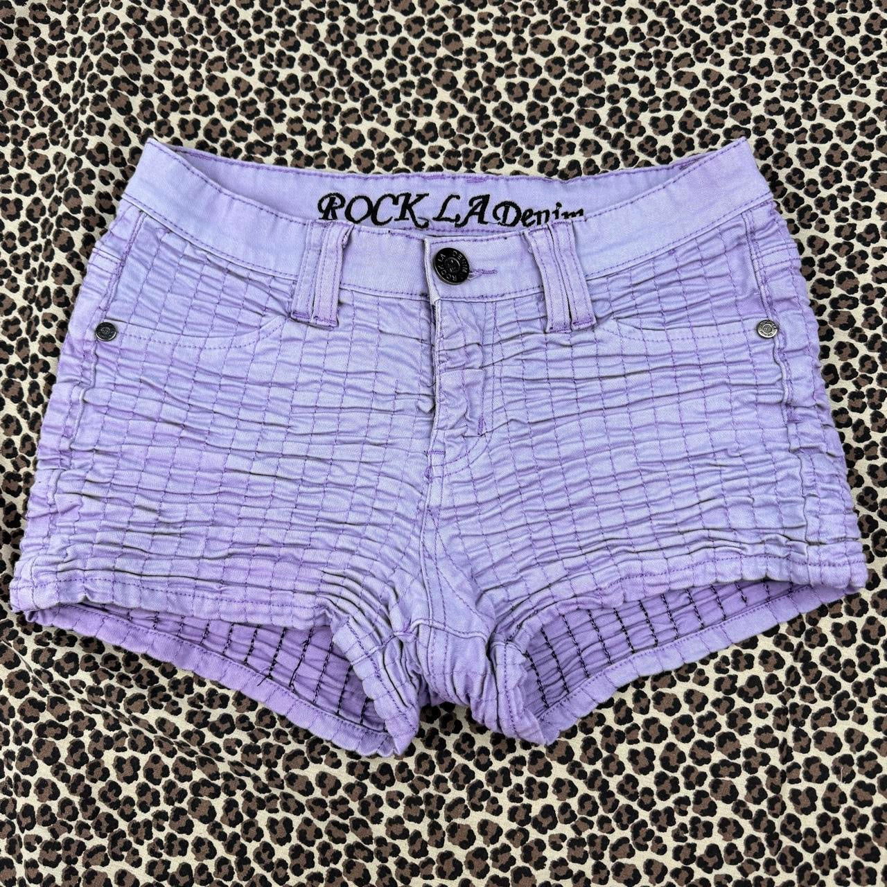 Lilac Ruched Denim Mini Shorts (XS)