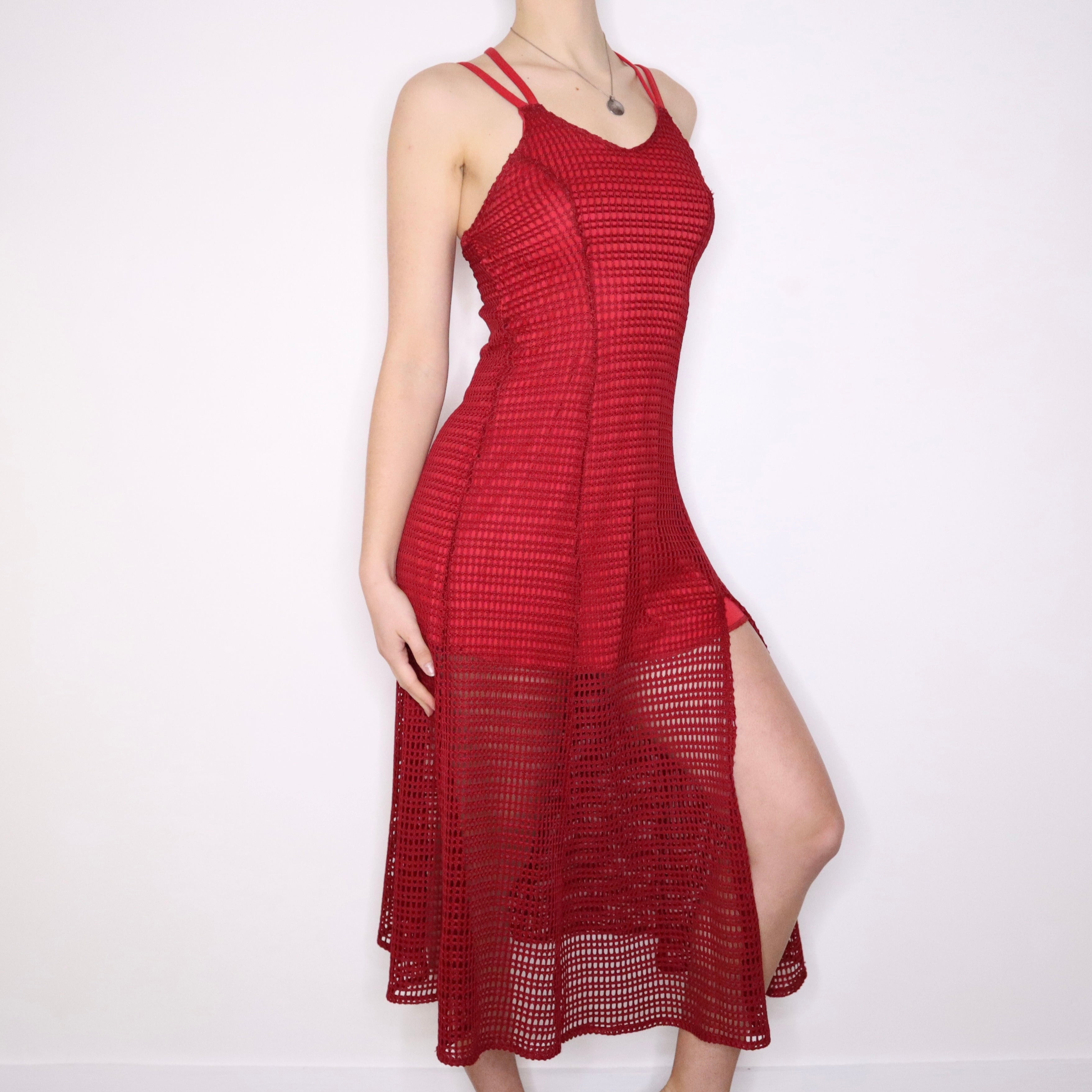 Y2K Red Crochet Slit Maxi Dress (S)