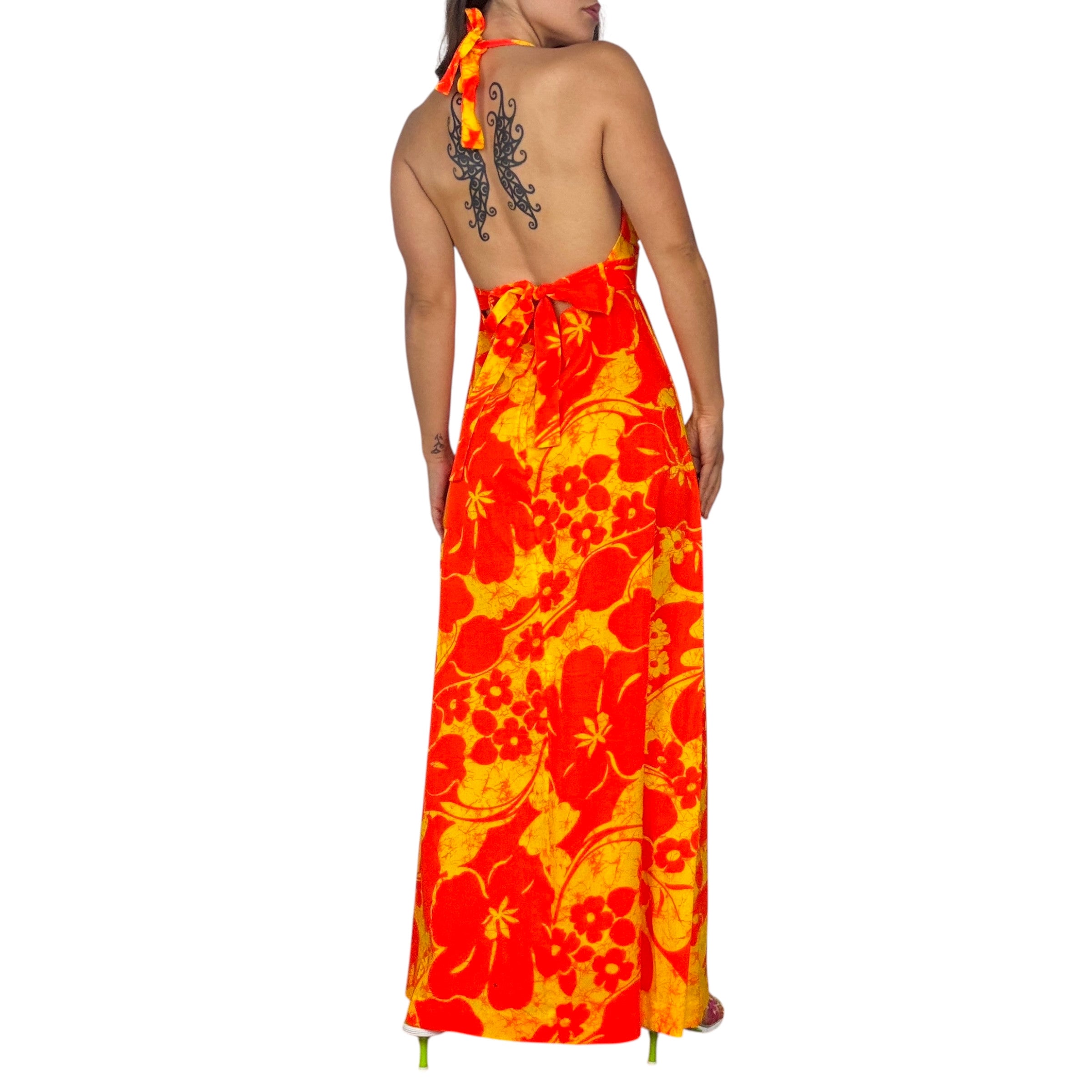 70s Hawaiian Halter Maxi Dress (M)