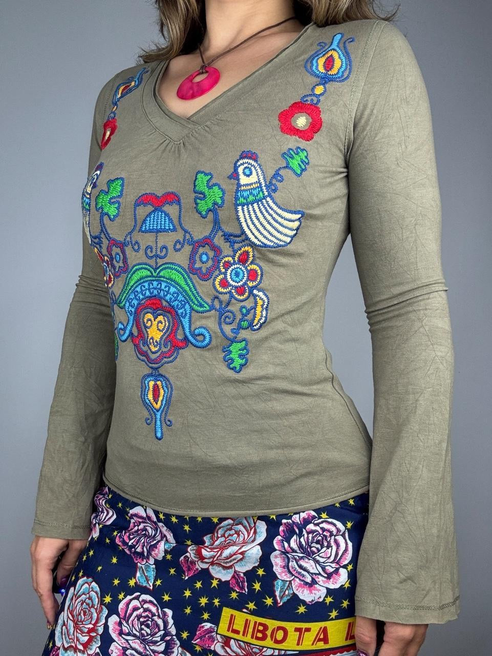 Butterfly & Floral Embroidered Bell Sleeve Top (M)