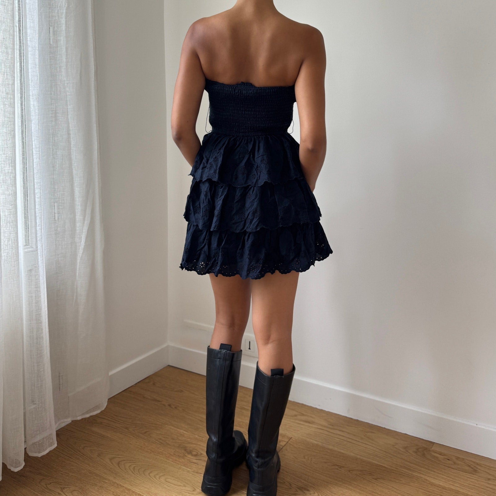 strapless ruffled mini dress Hollister Navy Strapless Ruffle Mini Dress (S)