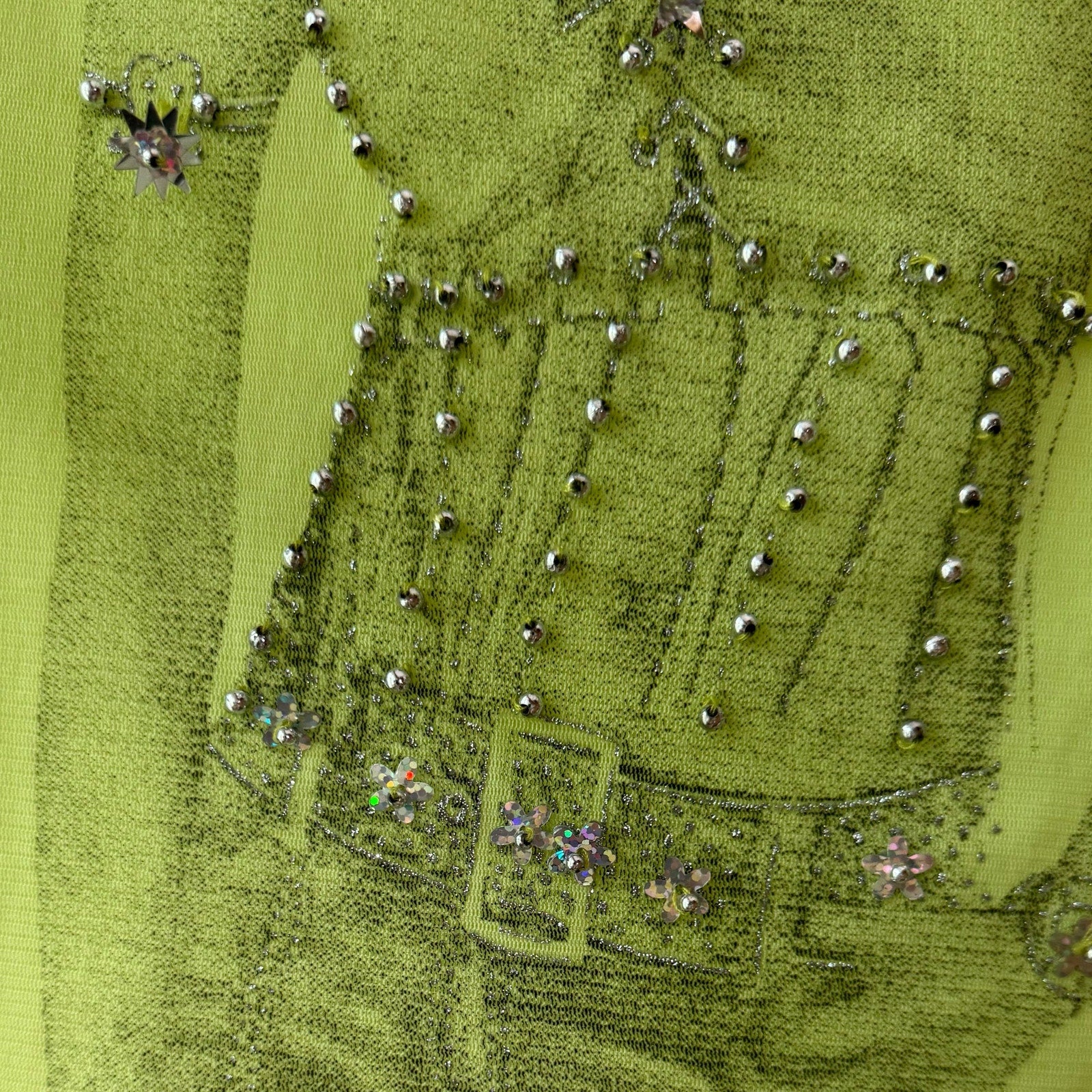 Vintage Lime Graphic Mesh Beaded Top (S)