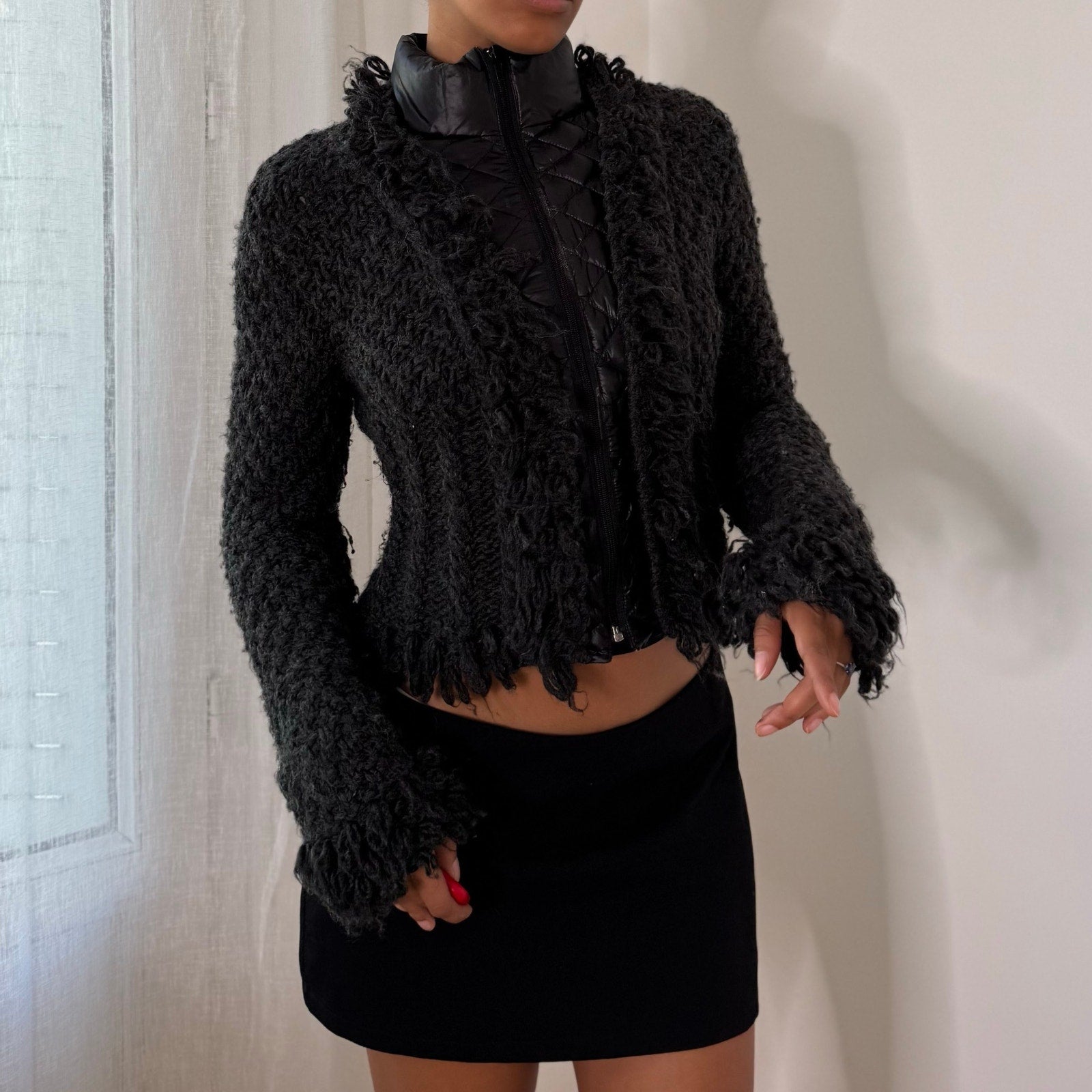 Italian vintage charcoal grey textured wool blend zip-up jacket with high collar