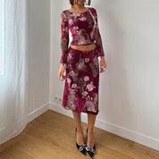 Vintage Floral Cheetah Lace Top Ruffle Trim Long Sleeve (S)