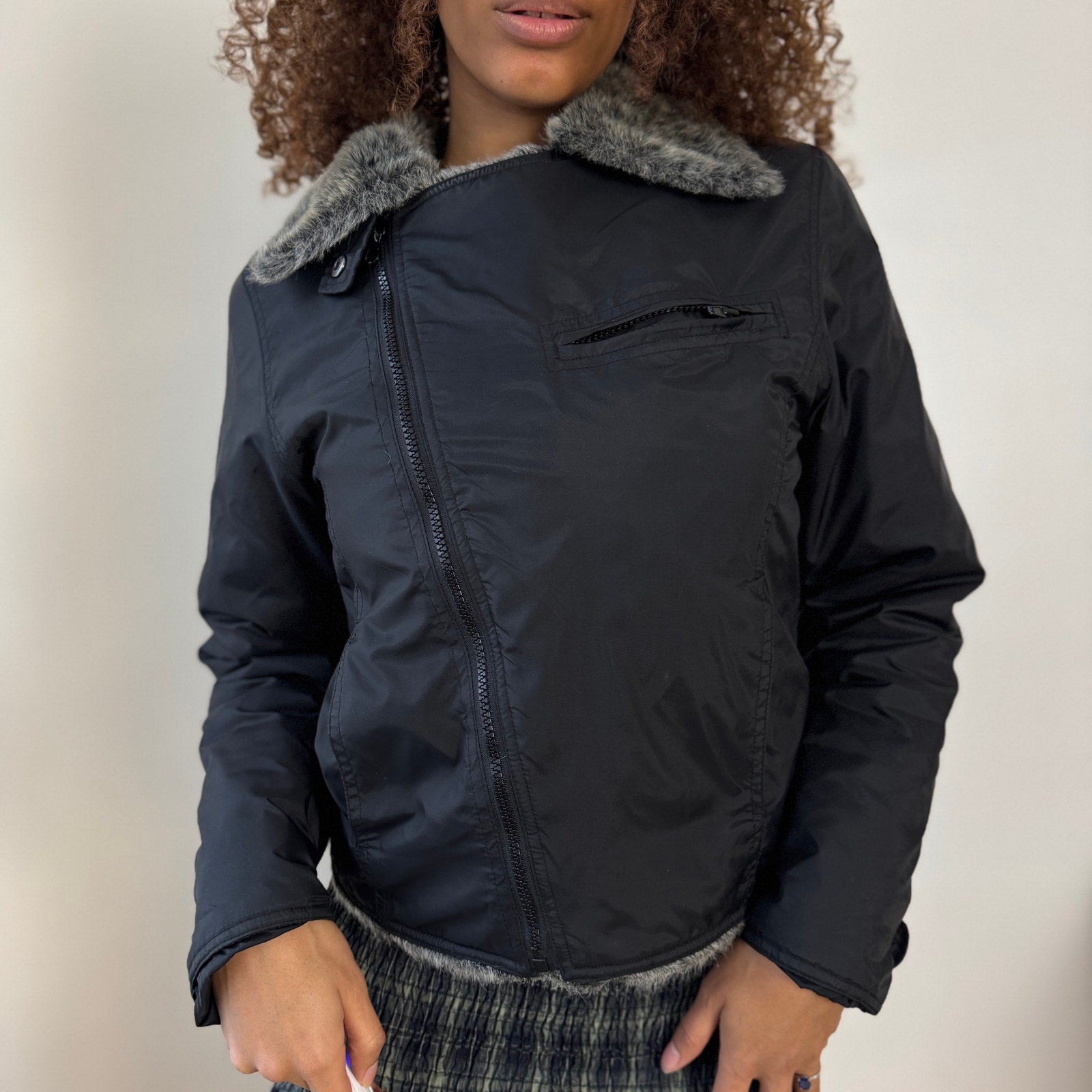 Vintage Italian Black Jacket with Faux Fur Trim (S)