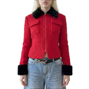 Vintage Italian Red Wool Jacket with Faux Fur Trim (S)