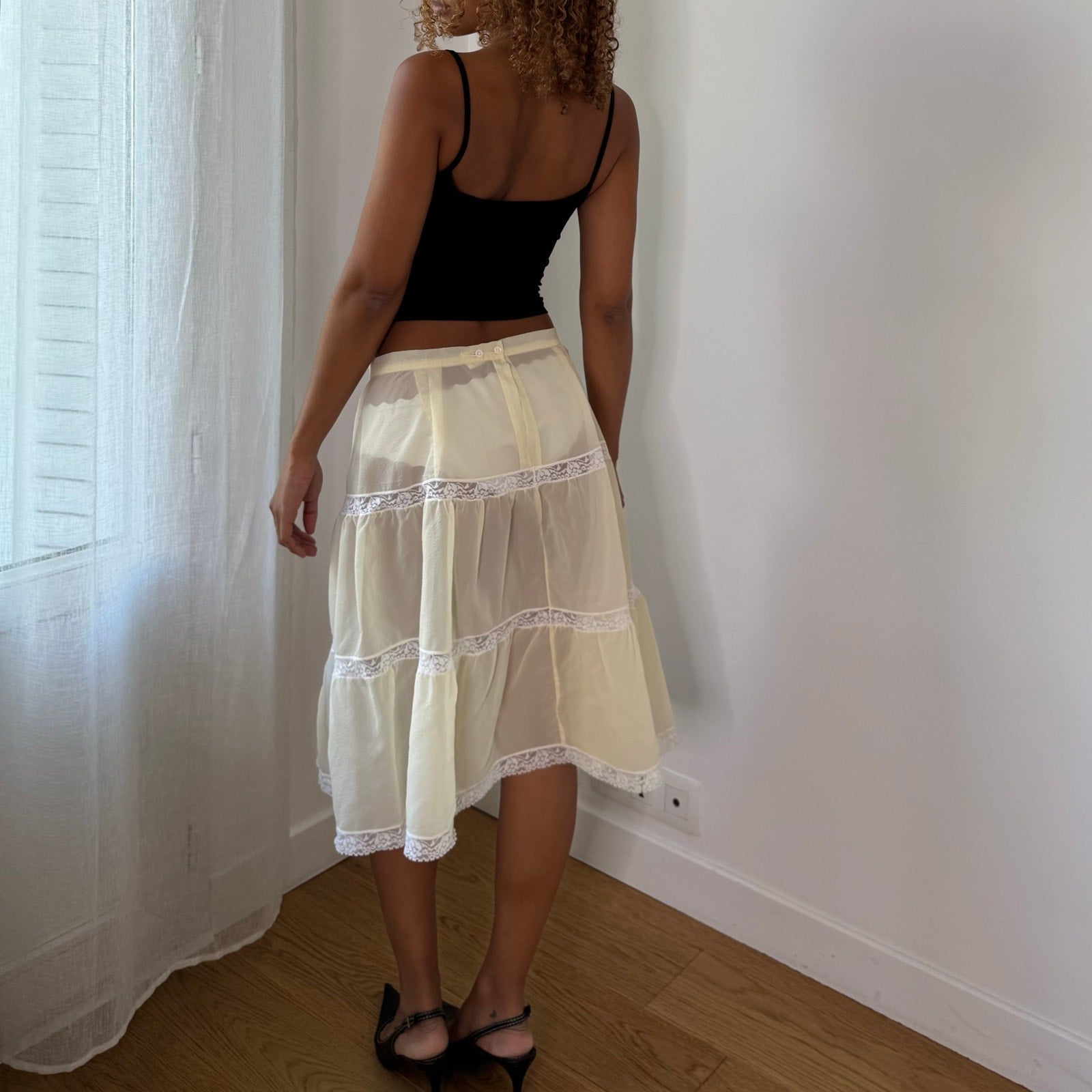 Italian Vintage Pale Butter Yellow Cream Sheer Tiered Lace Trim Romantic Midi Skirt