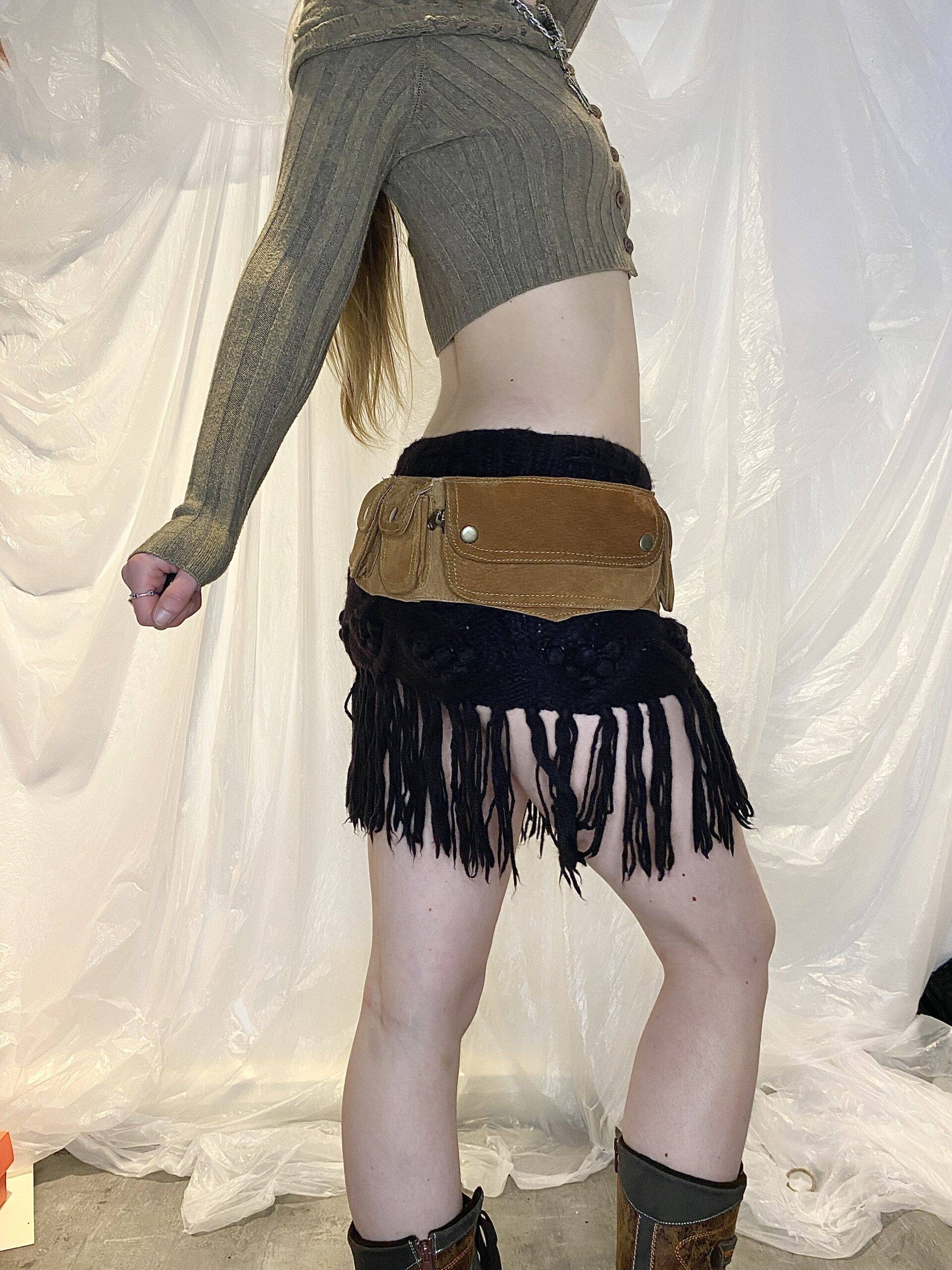 Vintage Crochet Wool Stretch Mini Skirt with Fringe (S)