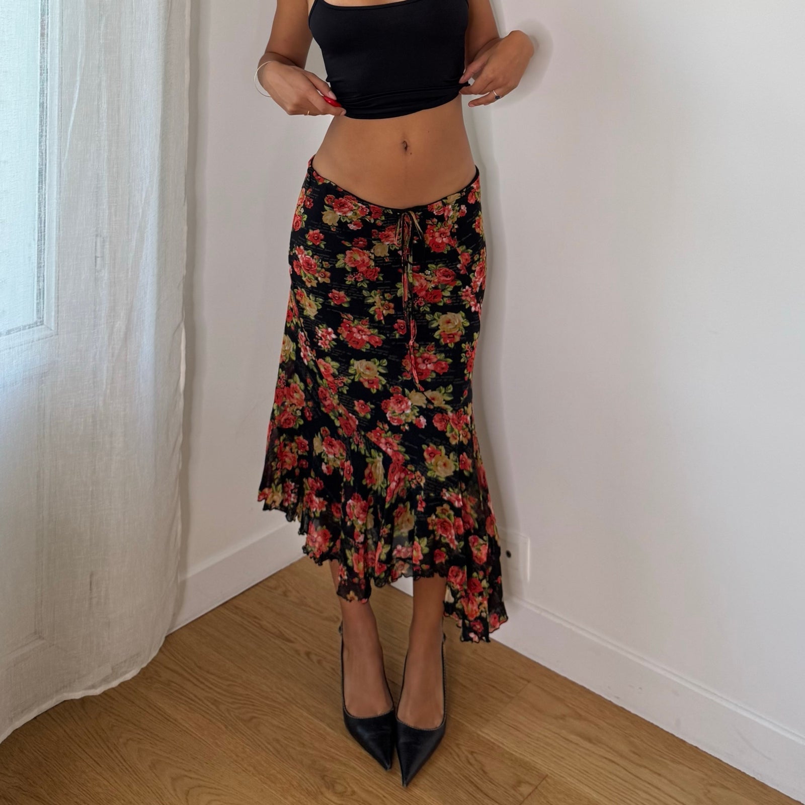 Twin-Set Italian vintage 2000s black floral mesh midi skirt with red roses, drawstring waist & asymmetric ruffle hem