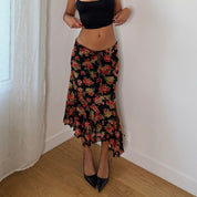 Twin-Set Italian vintage 2000s black floral mesh midi skirt with red roses, drawstring waist & asymmetric ruffle hem