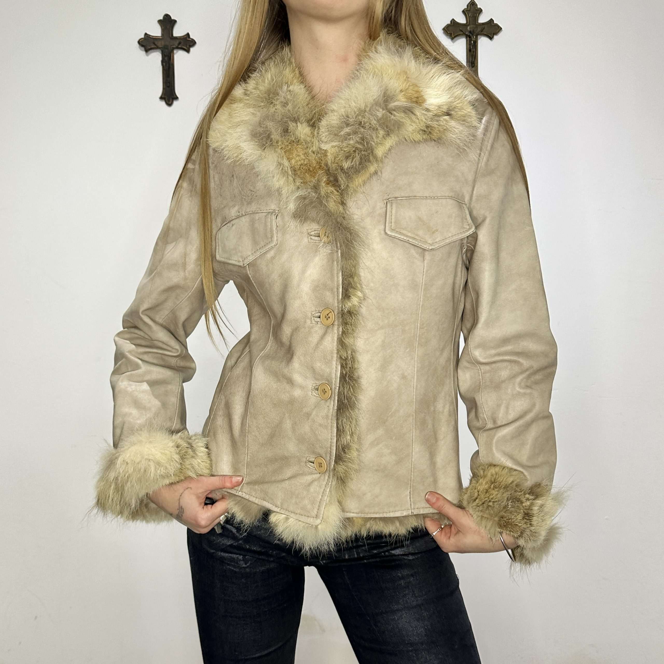 Vintage Italian Fur Trim Leather Jacket (S/M)