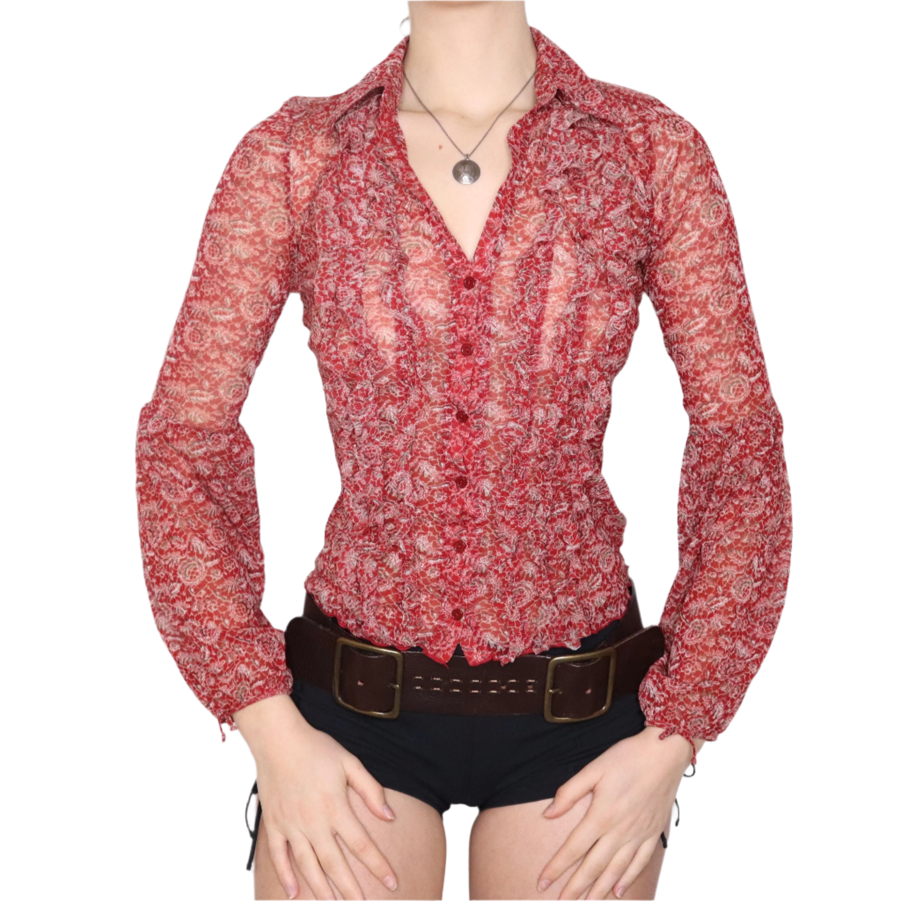 Y2K Red Mesh Ruffle Blouse (S)