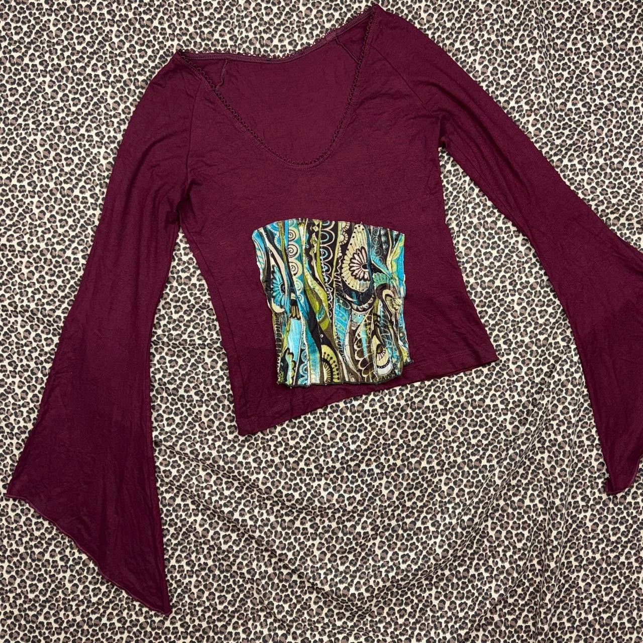 Euro Vintage Burgundy Bell Sleeve Patchwork Accent Top (S)