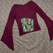 Euro Vintage Burgundy Bell Sleeve Patchwork Accent Top (S)