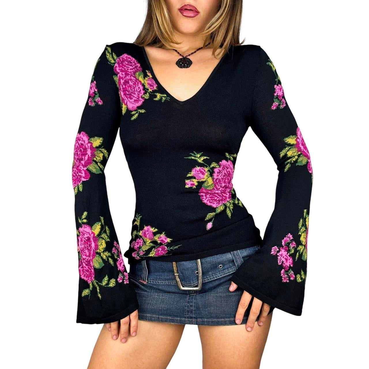 00s Floral Knit Bell Sleeve Blouse (S)