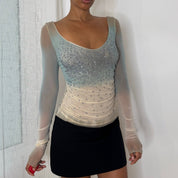 Italian vintage pale blue and ivory sequin embellished mesh long sleeve top