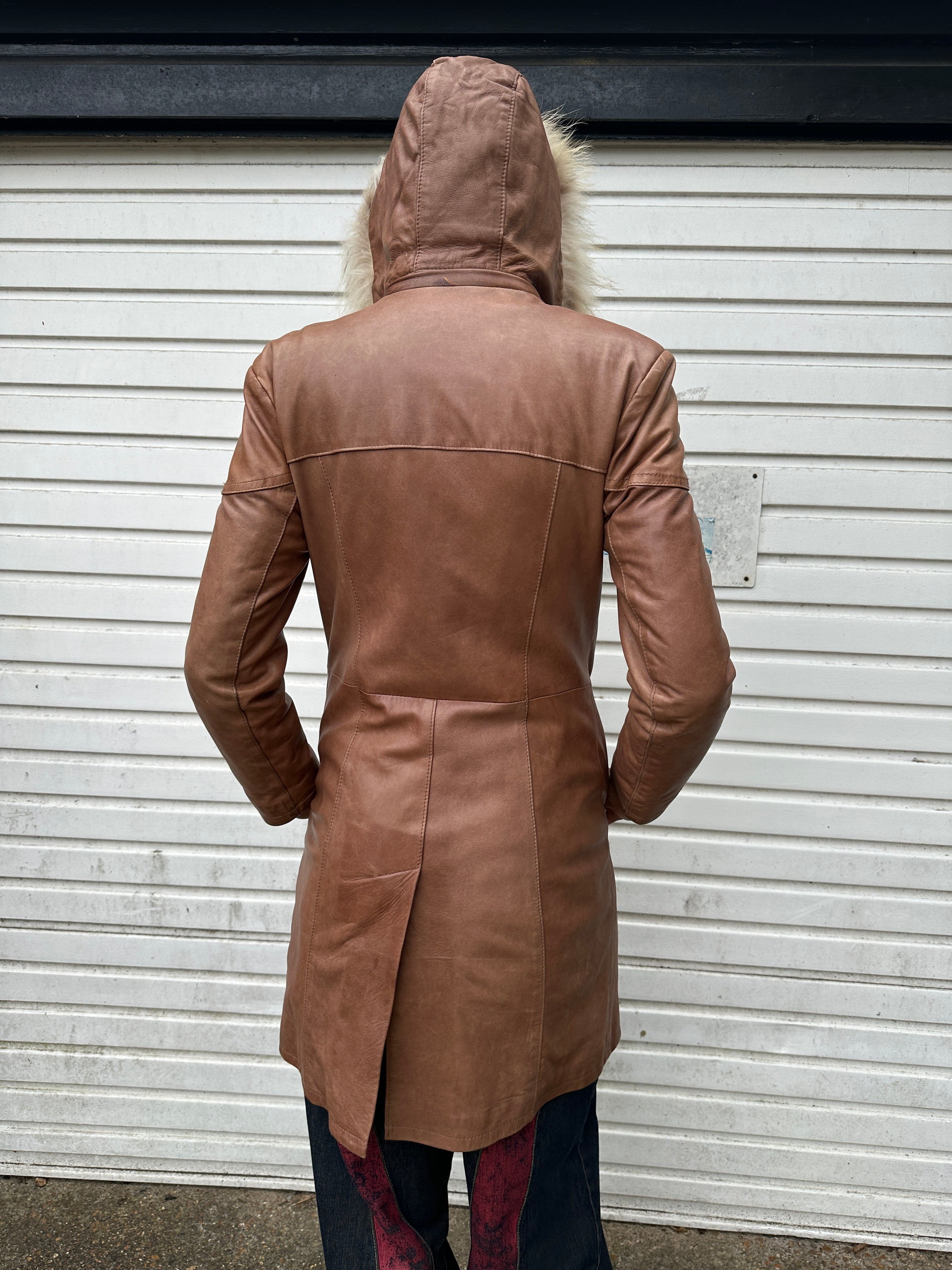 Vintage Italian Fur Hood Leather Trench Coat Jacket (S/M)