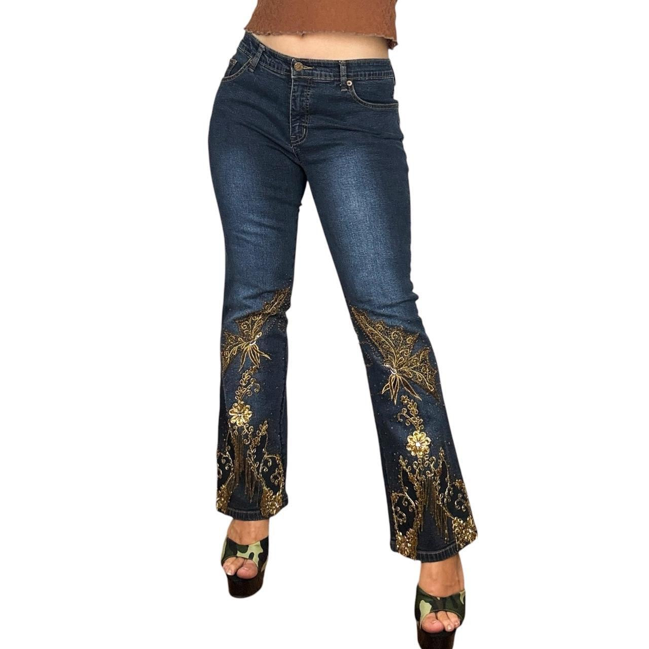 Y2K Beaded Butterfly Flare Jeans (M)