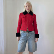 Vintage Italian Red Wool Jacket with Faux Fur Trim (S)