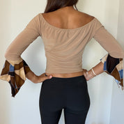 French vintage brown & blue patchwork print top with off shoulder neckline (M/L)