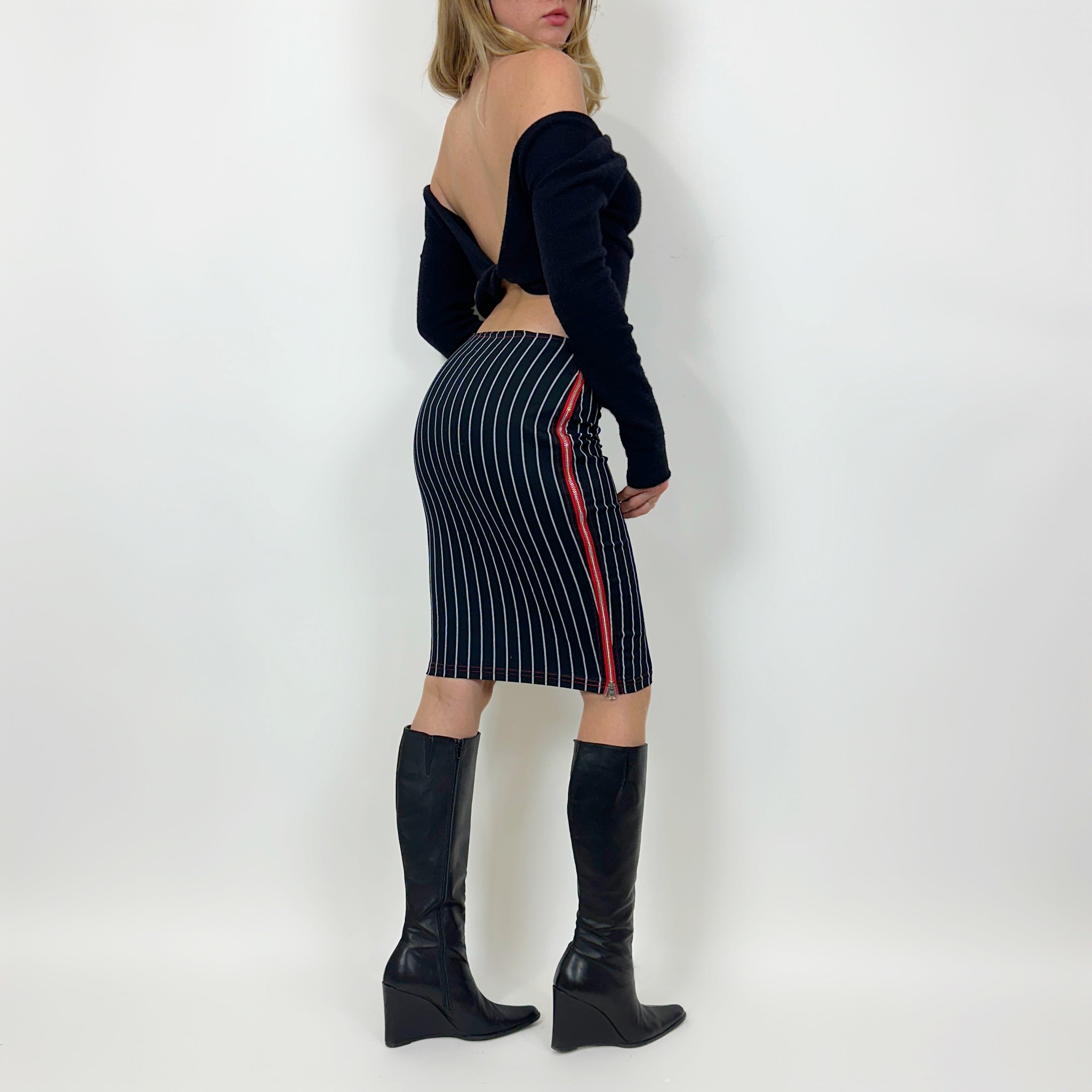 Vintage Striped Zipper Midi Skirt (S)
