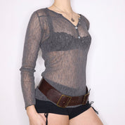 Y2K Italian Sheer Gray Henley Top (M)