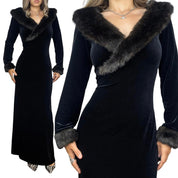90s Fur Trim Velvet Maxi Dress (L)