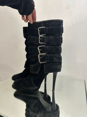 Vintage 2000s Y2K Moto Biker Buckle Stiletto Ankle Boots (UK 5 US 7)