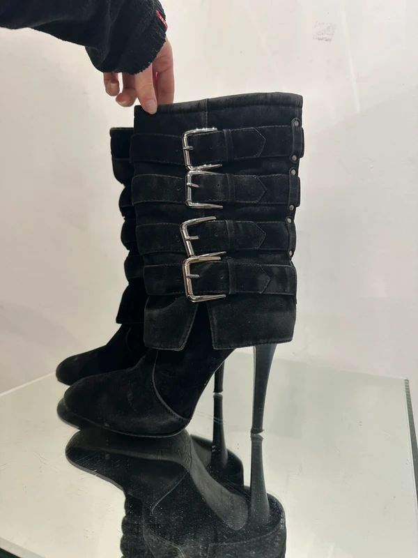 Vintage 2000s Y2K Moto Biker Buckle Stiletto Ankle Boots (UK 5 US 7)