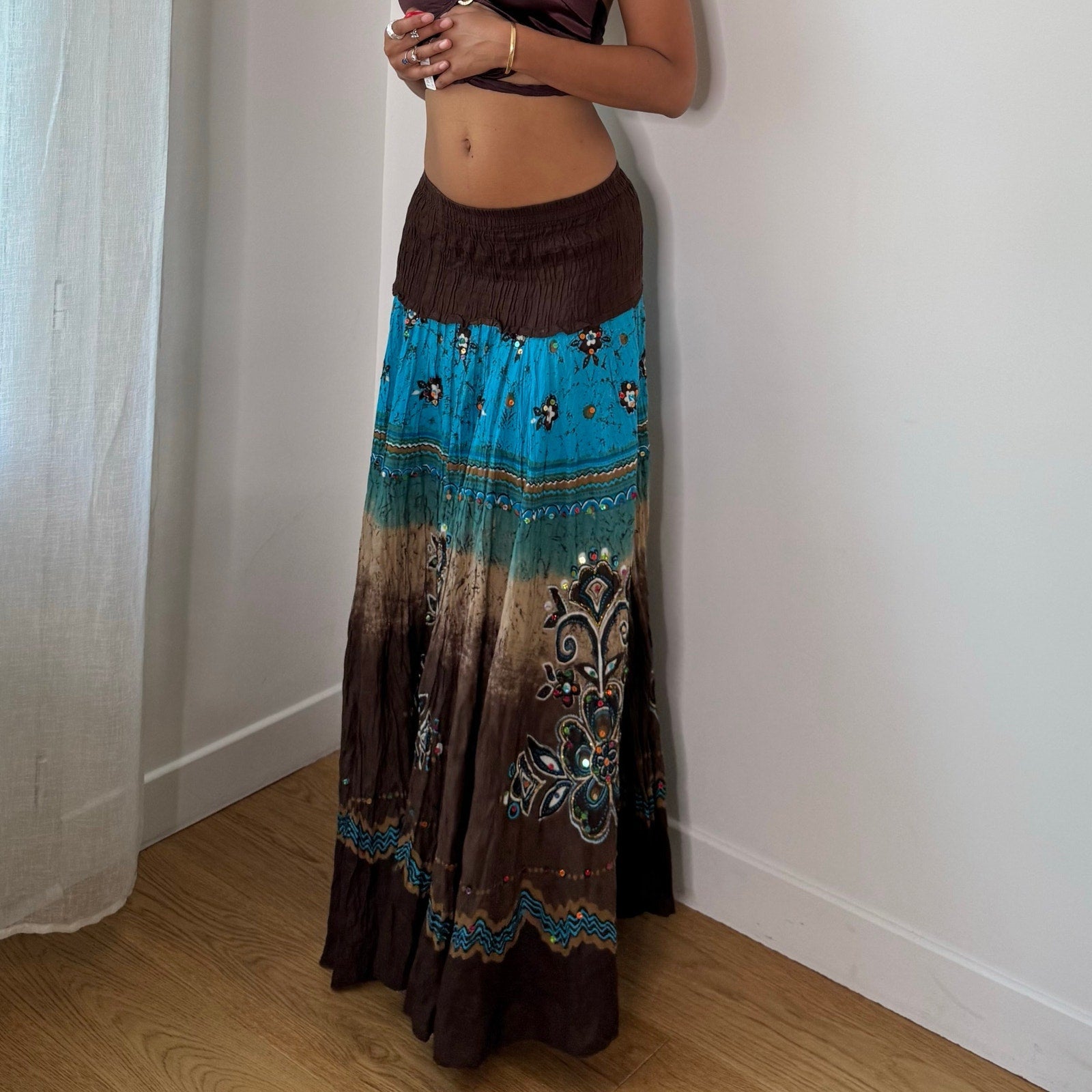 Vintage Brown Blue Sequin Maxi Skirt (XS/S)