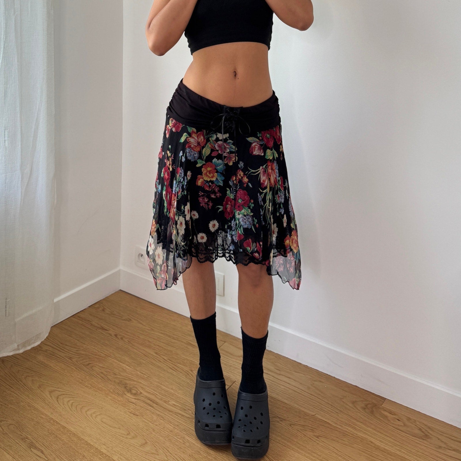 Vintage Italian Black Silk Mesh Midi Skirt (S)