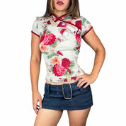 Y2K Slinky Floral Asian Inspired Top (M)