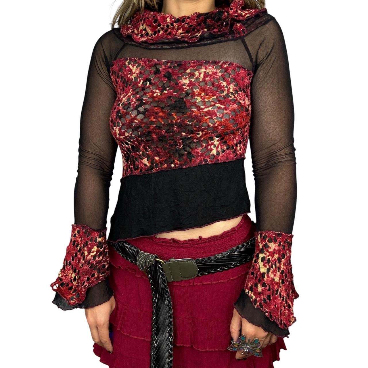 French Vintage Mesh & Knit Detail Asymmetrical Bell Sleeve Top (S)