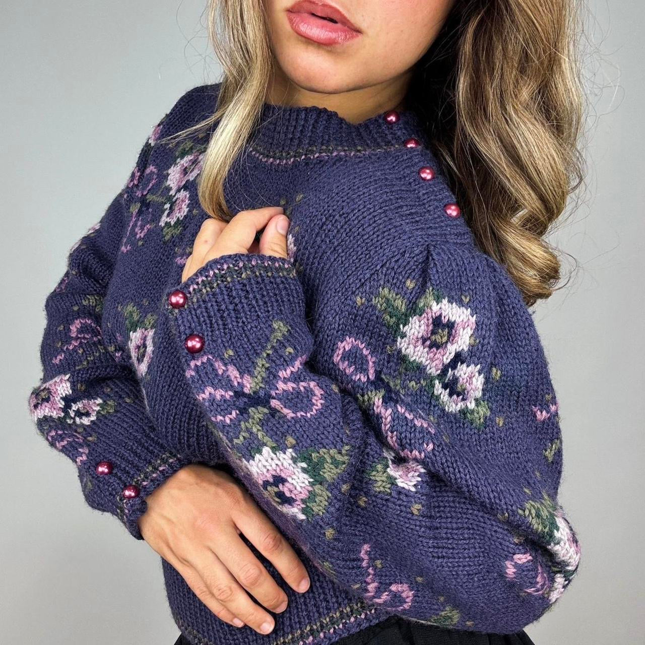 Vintage Hand-Knit Wool Bouquet Sweater (S)
